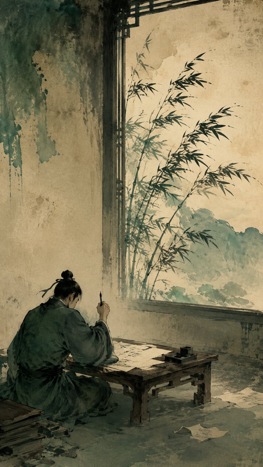 A scholar bent over paper at a low table beside a bamboo window